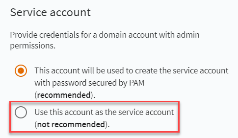 Service account - Use this account as the service account (not recommended)