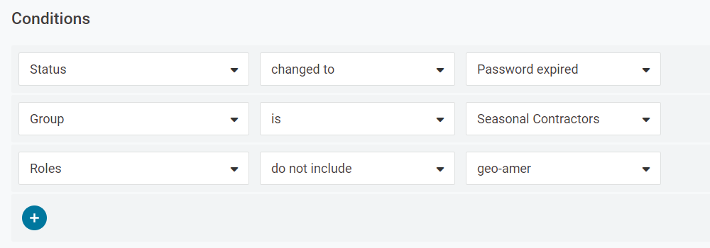 Status changed to Password expired AND Group is Seasonal Contractors AND Roles do not include geo-amer